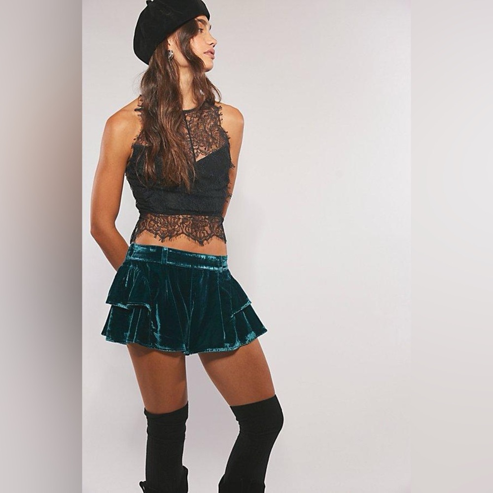 New Free People Teal Velvet Star Dust Ruffled Bloomer Shorts sz XS